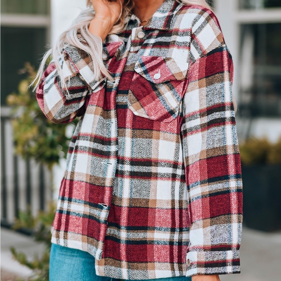 PLAID BUTTON FRONT SHIRT JACKET BREAST POCKET - Picture 2 of 3